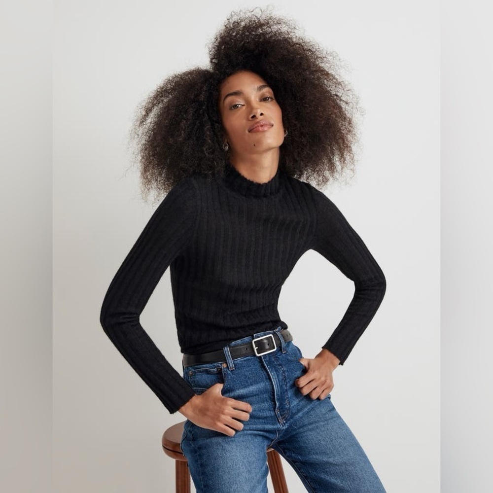 MADEWELL Alpaca Blend Mockneck Black Sweater Lightweight Ribbed Size L Casual